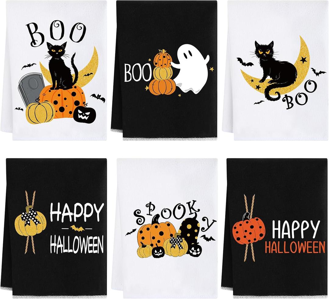 Peryiter 6 Pcs Halloween Kitchen Hand Towel Boo Black Cat Ghost Bath Towels 14 x 21 Inch Spooky Pumpkin Bat Decoration Dish Towels for Halloween Bathroom Holiday Kitchen Decor