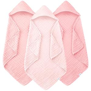 Muslin Hooded Baby Bath Towels - 3 Pack 100% Cotton Ultra-Soft Towels for Newborns, Infants, Toddlers - 32x32 Inch - Highly Absorbent, Quick-Dry Essentials for Bath Time, Beach, Pool, Pink Series