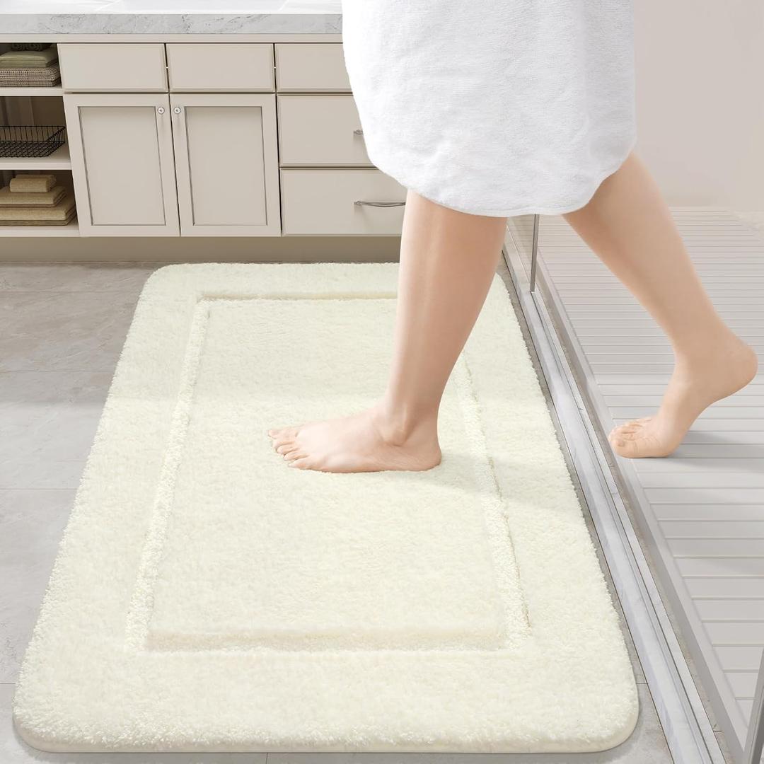 LOCHAS Bathroom Rugs, 24" x 36" Bath Rug, Non Slip Washable Bath Mat Soft Thick Absorbent Quick Dry Microfiber Bathroom Mat, Shaggy Plush Luxury Bath Carpet for Shower, Cream White
