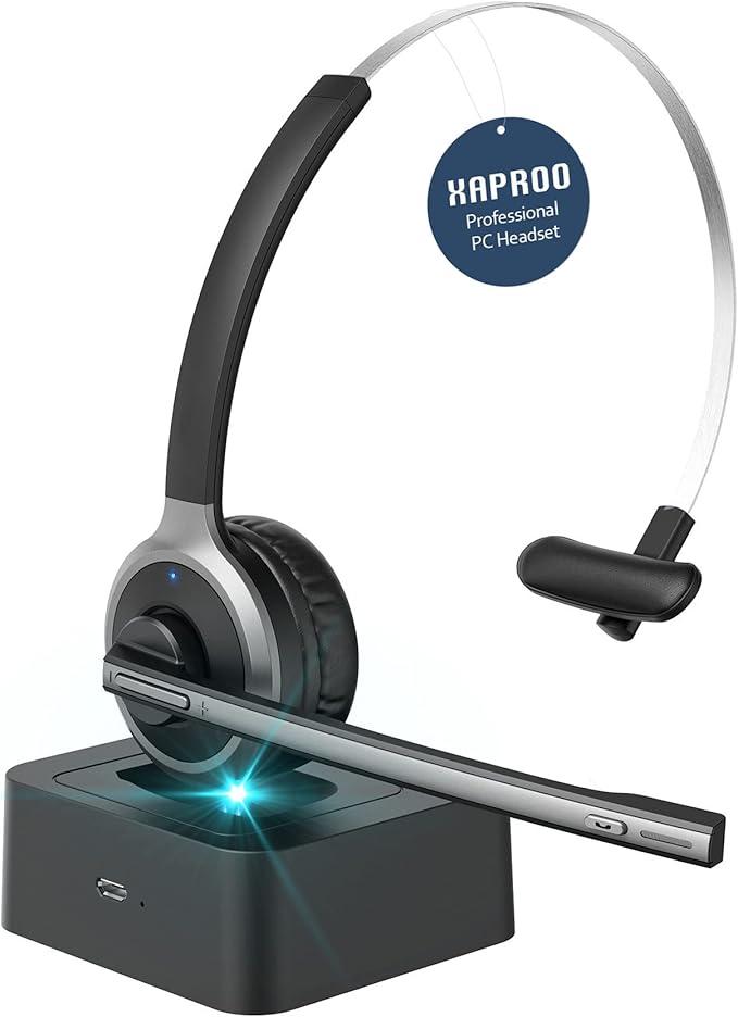 Wireless 5.0 Computer Headset with Microphone, Flip-to-Mute Mic, On Ear Cell Phone Headset with Charging Base for Home Office Call Center Zoom Skype
