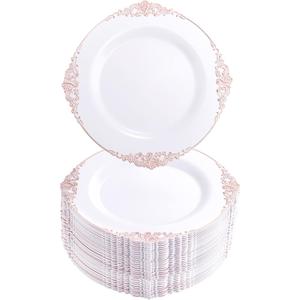 Morejoy 100pcs Plastic Plates - Disposable - 7.5 inch White and Rose Gold Dessert Plates for Weddings & Parties & Shower
