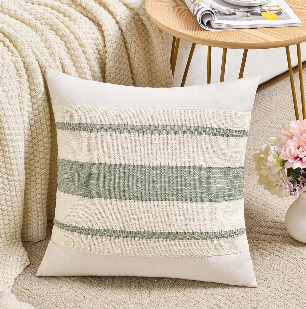 Fancy Homi Set of 1 Sage Green Boho Decorative Throw Pillow Covers 20x20 Inch for Living Room Bedroom Couch Bed Indoors, Rustic Retro Cushion Case, Bohemian Room Home Decor