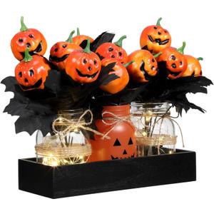 Honeydak 9 Pcs Halloween Table Centerpieces Pumpkin Mason Jar for Halloween Table Dining Room with Farmhouse Wood Tray 3 Mason Jars with Artificial Flowers and 2 LED Light for Dining Room