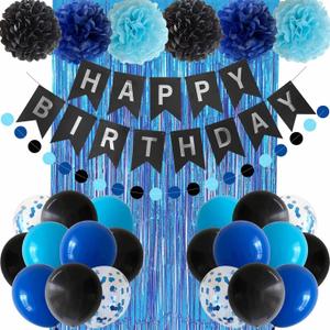 ANSOMO Blue and Black Happy Birthday Party Decorations for Boys Men Banner Balloons Navy Royal Light Blue Pom Poms Foil Curtain Dcor Supplies 13th 16th 18th 20th 30th 40th 50th 60th 70th 80th