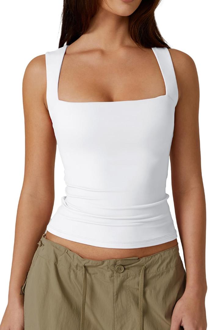 QINSEN Women's Double Layer Tank Tops Square Neck Sleeveless Basic Tight T Shirts, Medium