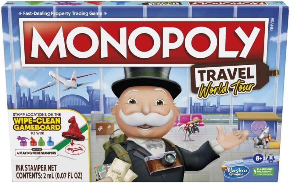 Hasbro Gaming Monopoly Travel World Tour Strategy Board Game for Family & Kids, Classic Gameplay with Geography Twist, Includes Dry-Erase Gameboard & Token Stampers, Ages 8+