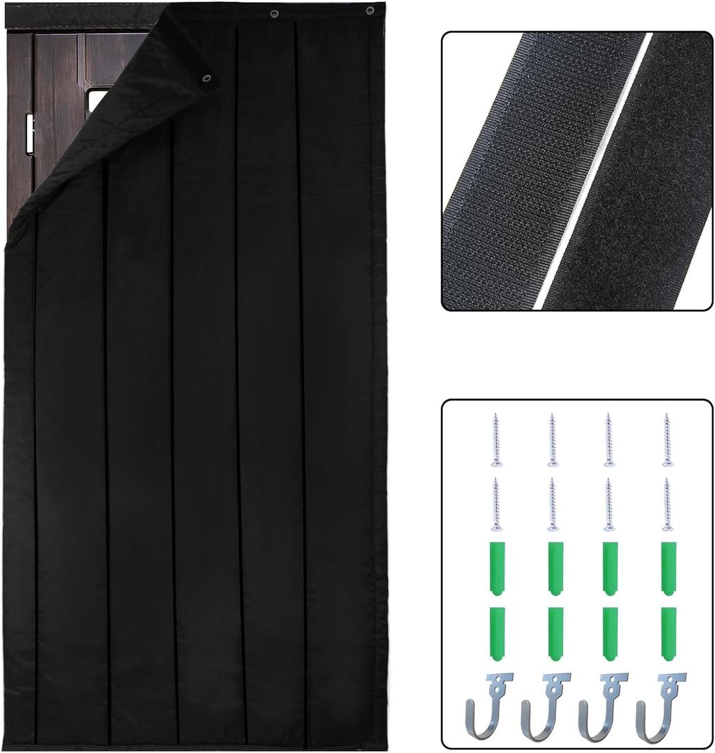 TroyStudio Thick Door Soundproofing Blanket, 37.5 x 86.6 x 0.8 inches Heavy Window Sound Barrier Sheet, Bedroom Acoustic Dampening Curtain Divider, Wall Noise Blocker for Music Home Recording Studio M (M, 1Hook-Loop, Black)