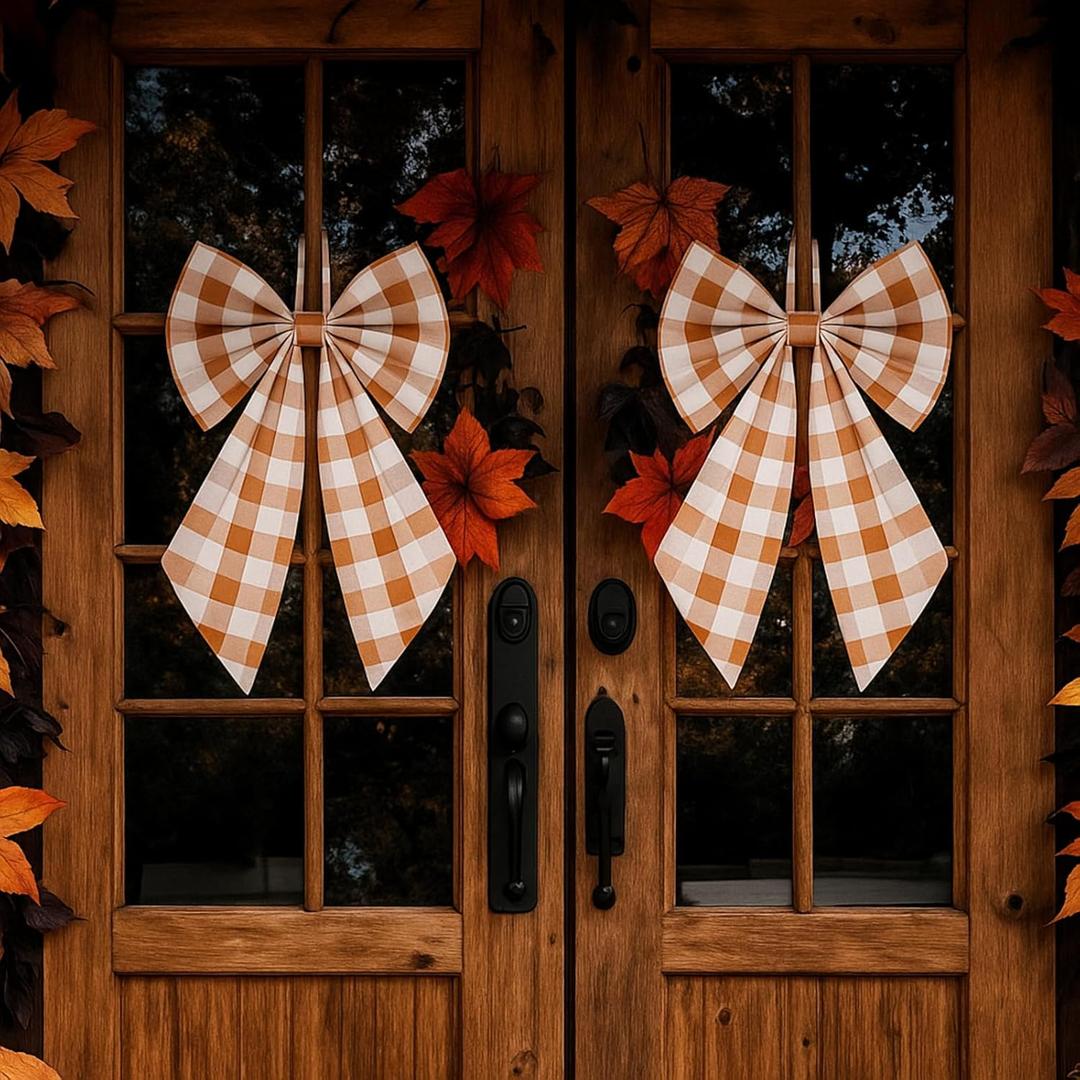 2 Pcs Orange Buffalo Plaid Wreath Bow Front Door Hanger 19.6'' x 11.8'' Cute Bow Wreath Accessories Xmas Party Yard Doorway Indoor Outdoor Wall Decoration