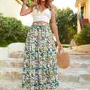 POPZONE Women Maxi Skirt Floral Boho Tiered Fall Summer Flowy Skirts Casual High Waist Long Skirts for Women (S)