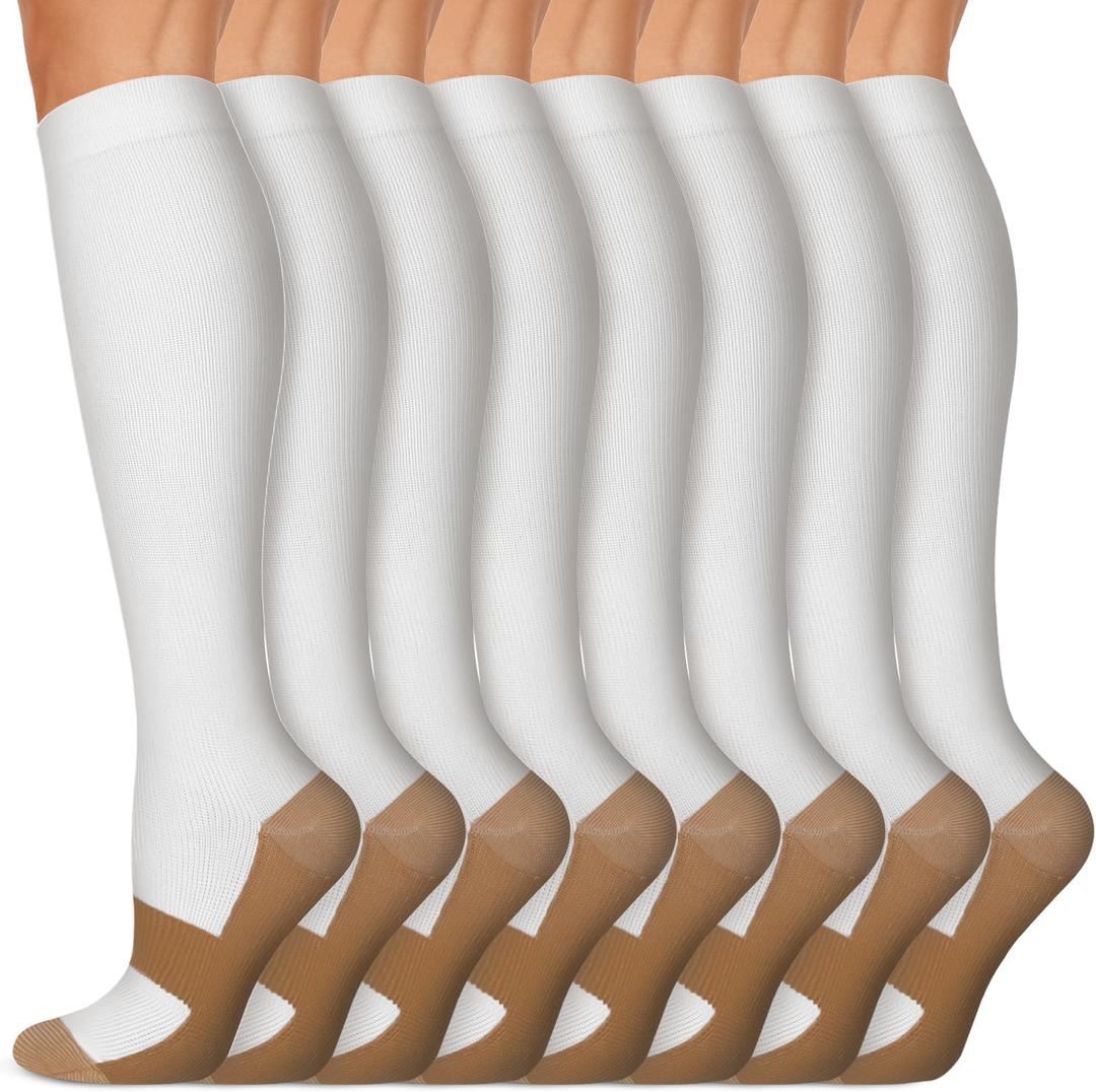 Copper Compression Socks 15-20 mmHg for Men & Women 8 Pairs – Circulation Support for Nurses, Travel, Running, Hiking, Soccer (White, L/XL)