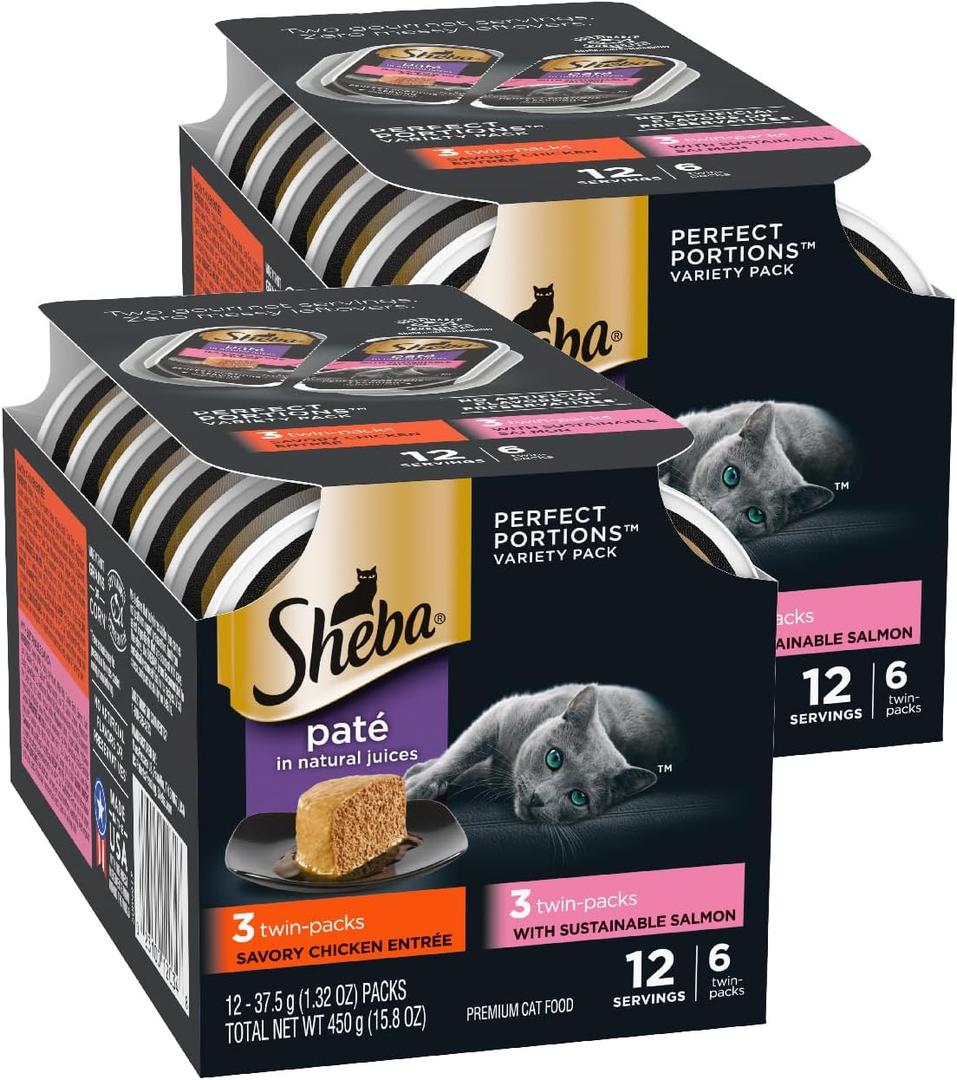 Sheba Perfect Portions Wet Cat Food Pate, Chicken Entree and with Sustainable Salmon Entree, Cat Food Wet Recipe Variety Pack, 2.6 oz. Twin-Pack Trays (6 Count, 12 Servings) (Pack of 2) Best By 03/2026