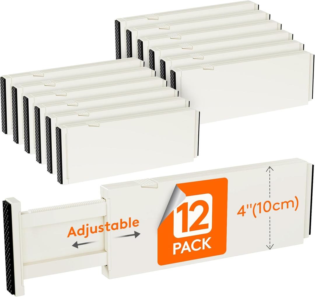 Lifewit 12 Pack Drawer Dividers Plastic 4" High, 11-17" Adjustable Drawer Organizers for Clothes, Expandable Dresser Separators in Bedroom/Bathroom/Kitchen/Office Organization and Storage, Beige