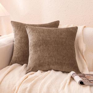 Amazon Basics Chenille Throw Pillow Covers, Home Decor Cushion Cover for Bedroom Living Room Couch Bed, 18" W  18" L, Brown (18" x 18" (Pack of 2))