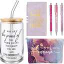 6 Pcs Valentines Employee Appreciation Gifts Set for Women Coworkers Thank You Gifts, Difference Maker 17 oz Glass Cup, Inspirational Makeup Bag Journal for Galantines Friends Staff(Purple)