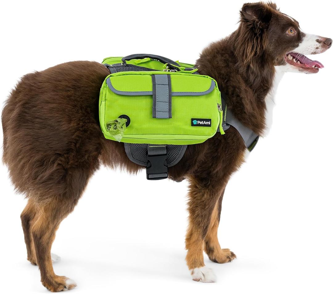 PetAmi Dog Backpack for Medium & Large Dogs, Saddle Bag for Dogs to Wear for Hiking, Pet Backpack Harness Dog Pack with Reflective Side Pockets for Walking Running (Green)