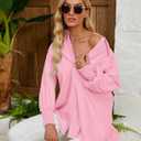 Womens Oversized Button Down Shirts Smocked Cuffed Ruffle Sleeve Boyfriend Blouses Collared Work Casual Top with Pockets (Pink, L)