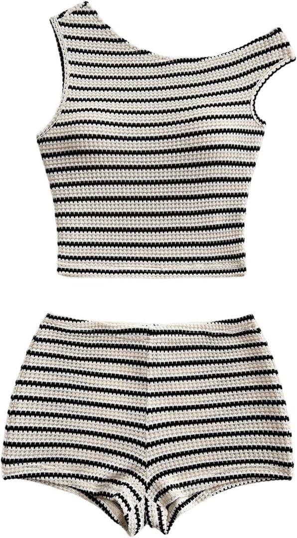 SOLY HUX Women's 2 Piece Striped Off The Shoulder Crop Tops and Mini Shorts Set Summer Y2K Going Out Outfits (XS)
