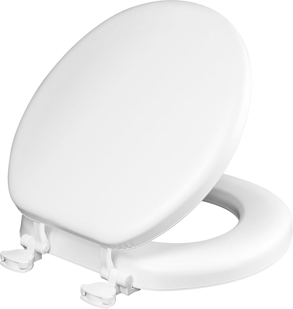 Mayfair Padded Toilet Seat, Cushioned Soft Vinyl over Wood Core Seat, Secure Hinges, Easy Clean, Made in USA, Round, White