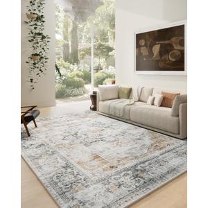 Washable Living Room Area Rugs: 9'x12' Large Rug Stain Resistant Distressed Vintage Boho Rug Non Slip Low Pile Faux Wool Soft Area Rug for Indoor Kids Playroom Farmhouse Dining Room Office Bedroom (Grey and Orange)