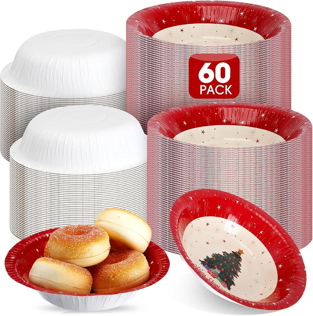 Cholemy 60 Pcs Christmas Paper Bowls Bulk 16 oz Red Disposable Xmas Tree Serving Bowls for Hot and Cold Soup Ice Cream Salad Snack 7 Inch Holiday Winter Birthday Party Catering Events