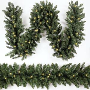 Christmas Garland 9ft with 50 Led, 320 Tips Prelit Fraser Fir Xmas Garland with 50 LED Lights, Lush and Classics Green Style for Indoor Outdoor Home Decoration (Brief-classic_battery)