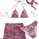 SHENHE Women's 4 Piece Paisley Swimsuit Halter Tie Back Sexy Triangle Bikini Sets with Cover Up (Large, Red)