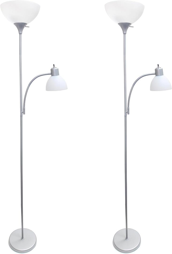 Simple Designs LF2000-SLV-2PK Floor Lamp with Reading Light 2 Pack, Silver
