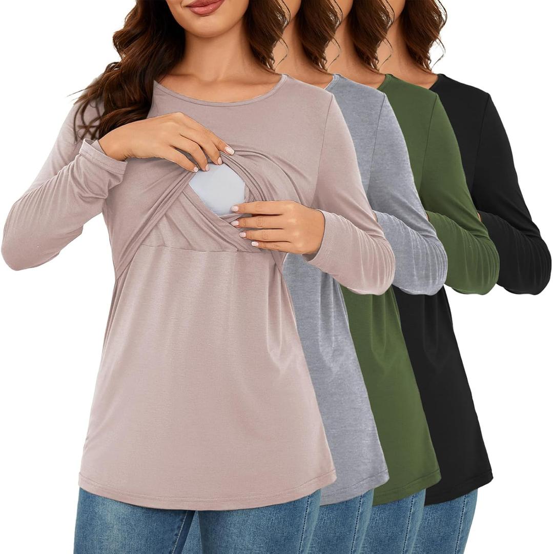 Liu & Qu Breastfeeding Shirts 4 Pack Long Sleeve Women Causal Nursing Tops Double Layer Pumping Shirt (X-Large, Khaki+Light Grey+Green+Black)