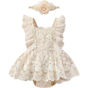 FYMNSI Newborn Baby Girl 1st Birthday Outfit Floral Lace Tulle Romper Tutu Dress Cake Smash Princess Boho Clothes Photo Shoot, 90
