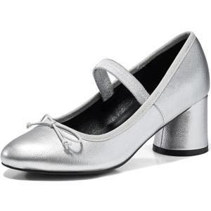 Coutgo Womens Mary Jane Shoes Bowknot Ballet Pumps Closed Toe Chunky Low Heels Dress Casual Wedding Shoes (8.5, Silver)