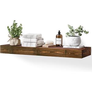 48x3x7in Solid Wood Floating Shelf Brown Rustic Wall Mounted Fireplace Mantel Shelf Heavy Duty Decorative Fireplace Mantel for Living Room, Kitchen, Bathroom, Bedroom, 48x3x7-hollow