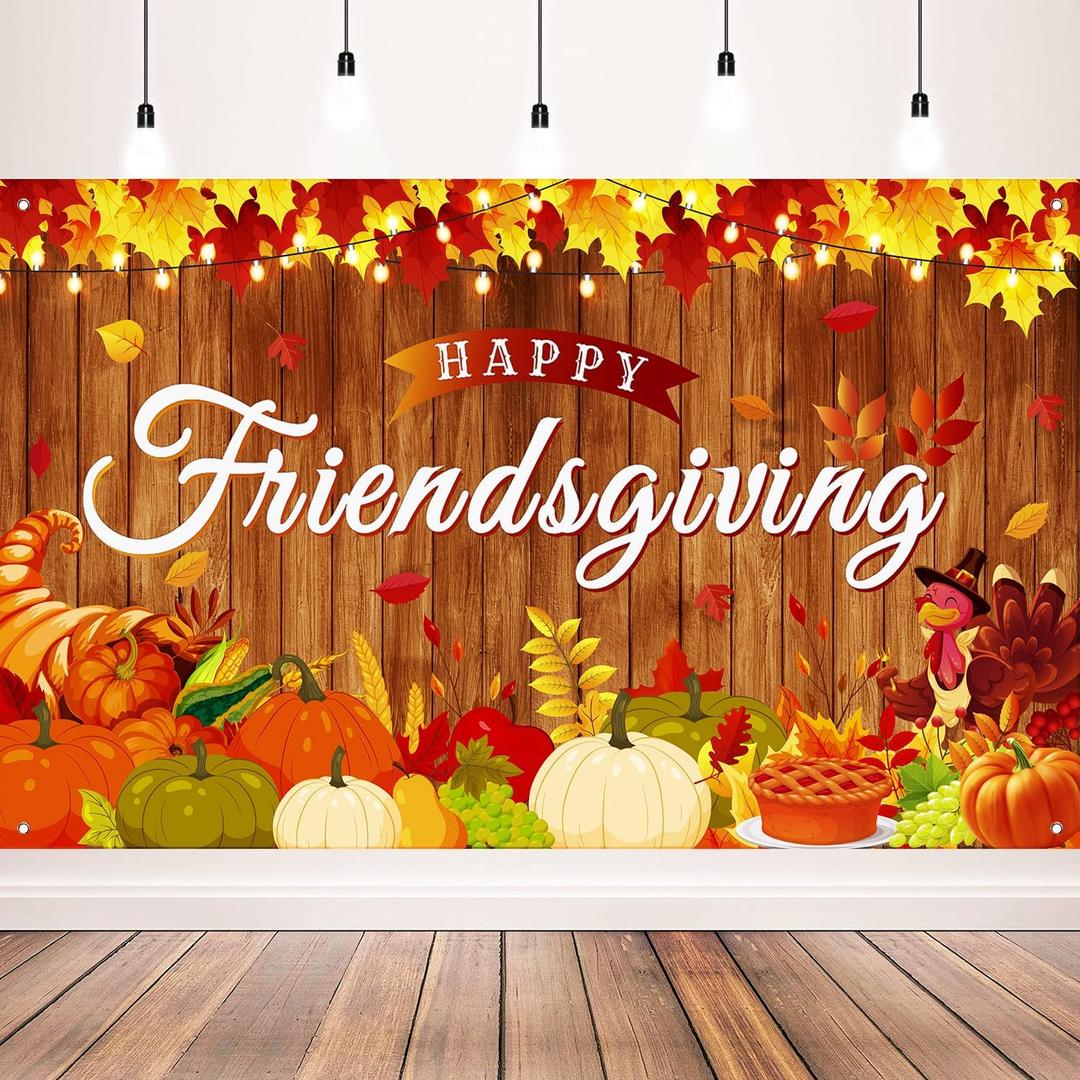 Friendsgiving Party Decoration Large Size Wooden Pattern Friendsgiving turkey Party Banner for Friendsgiving Decorations Supplies, 71x43inch