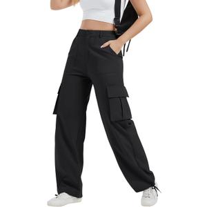 AVAMO Cargo Pants for Women with Pockets High Waist Lightweight Stretchy Hiking Casual Streetwear Baggy Wide Leg Pants (Medium, Black)