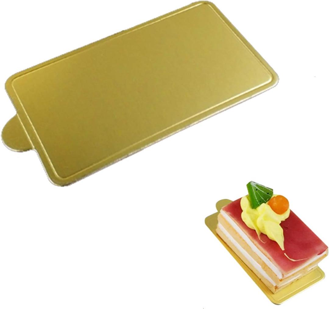 100 pcs 4.25"x2.36" Mini Cake Boards, Rectangular Gold Mousse Cake Cardboard Set, Cupcake Cake Base, Dessert Displays Tray, Disposable Paper Coasters - for Wedding Party Cake Pastry Cup