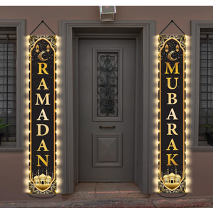 Eid Mubarak Door Banners Lighted Decorations Eid AlAdha Porch Sign with LED Light Decorations Black Gold Moon Lantern Door Sign Hanging Banner for Eid AlAdha Party Outside Lighted Decor