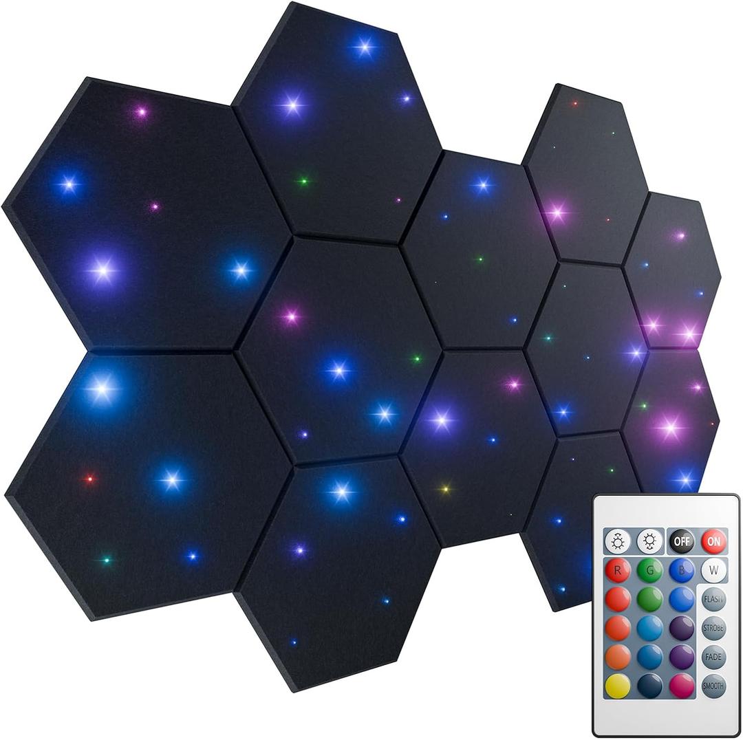 ZenSonic 12 Pack Self-adhesive Sound Proof Foam Panels for Walls 12" X 10" X 0.4" - Hexagon Acoustic Panels with Fiber Optic Starlight, Stylish Soundproof Wall Panels Absorb Noise and Wall Decor Black