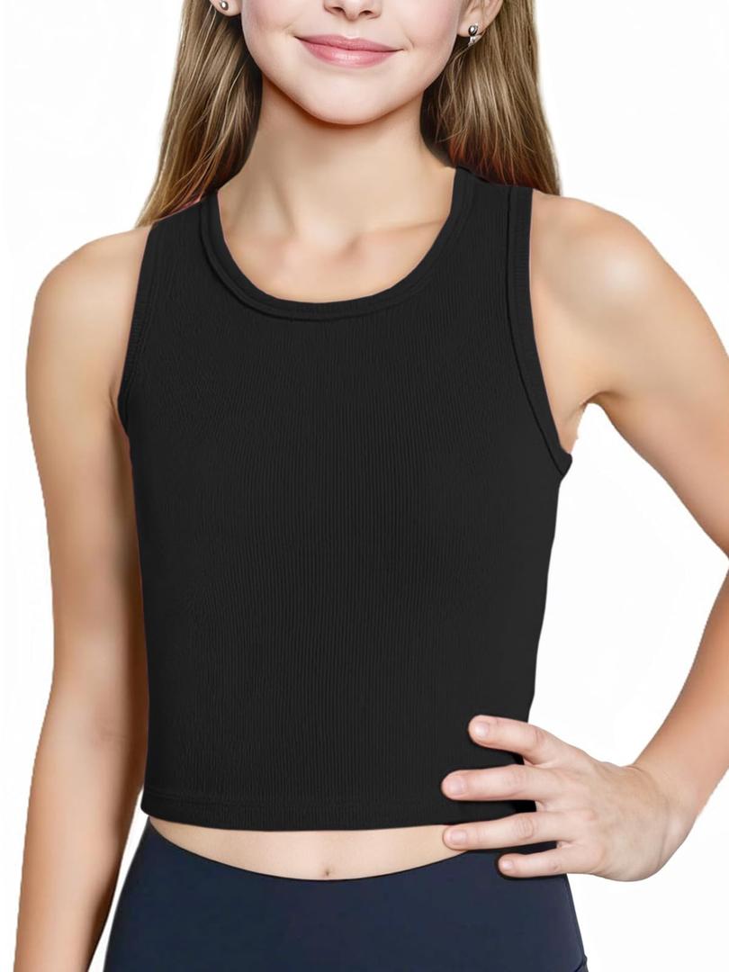 Girls Tank Tops Kids Athletic Ribbed Summer Sleeveless Crop Tops School Workout Running Sports Outfits Basic Camisole A-Black (Black)