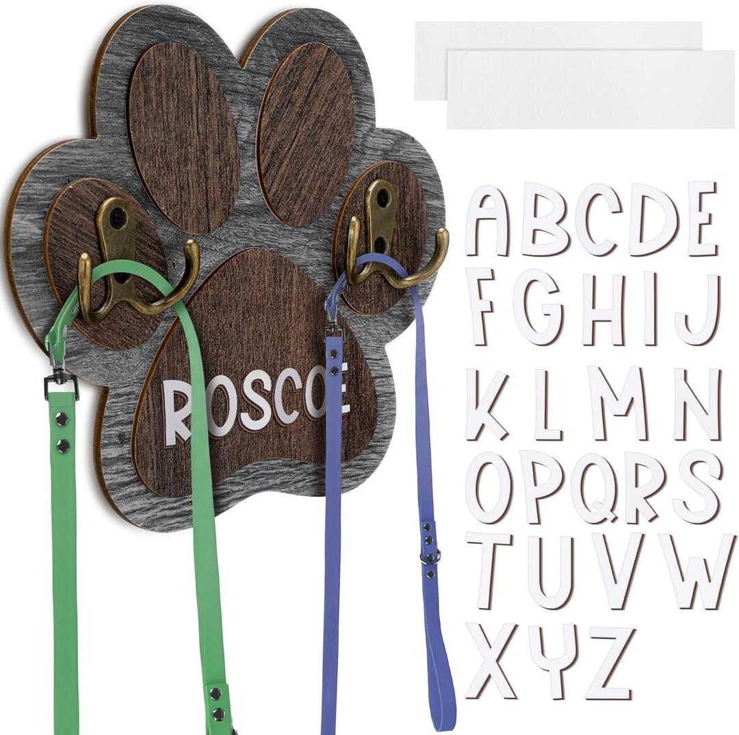 Kathfly Dog Leash Holder for Wall Pet Harness Hanger with 52 Letters Dog Leash Hook Hangers for Wall Cat Collar Organizer for Entryway Pet Loss Gifts Keepsake Home Decor (Double Hook)