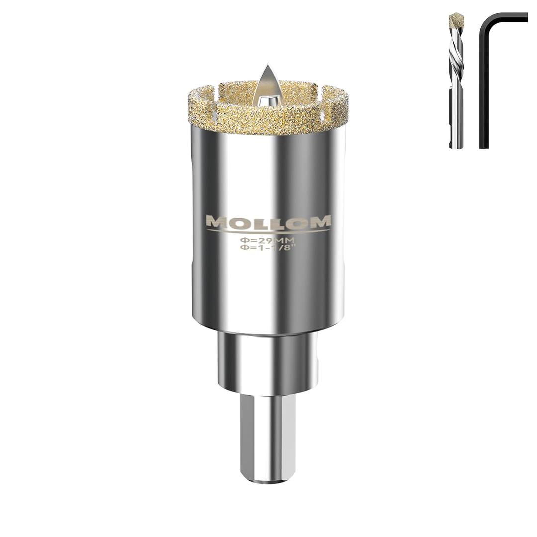 Mollom 1-1/8" (29mm) Diamond Hole Saw with 2Pcs Removable Pilot Drill Bit Smooth Cutting for Porcelain Tiles,Glass,Ceramic,Marble,Fiberglass,etc