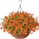 Artificial Fake Fall Hanging Plants Flowers Basket for Outdoor Decor, Faux Silk Orange Mums Daisy in Planter Look Real UV Resistant for Autumn Porch Home Patio Garden Yard Decoration