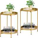 2-Tier Round End Side Table, Set of 2, Small Metal Side Table with Removable Tray, Folding Accent Tables for Living Room, Balcony, Nightstand for Bedroom, Outdoor Tables for Patio, Gold