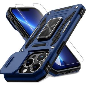 DEERLAMN Case for iPhone 13 Pro with Slide Camera Cover+Screen Protector(1 Pack),Rotated Ring Kickstand Military Grade Shockproof Protective Cover-Navy Blue