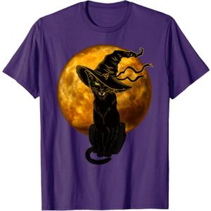 Scary Vintage Black Cat with Witch Hat Full Moon - Halloween T-Shirt L