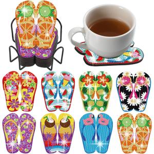 Shellwei 8 Pcs Flip Flop Diamond Art Coasters Summer Hawaii Tropical Beach Diamond Painting Coasters with Holder for Crafts Gift Beginner Adults Party