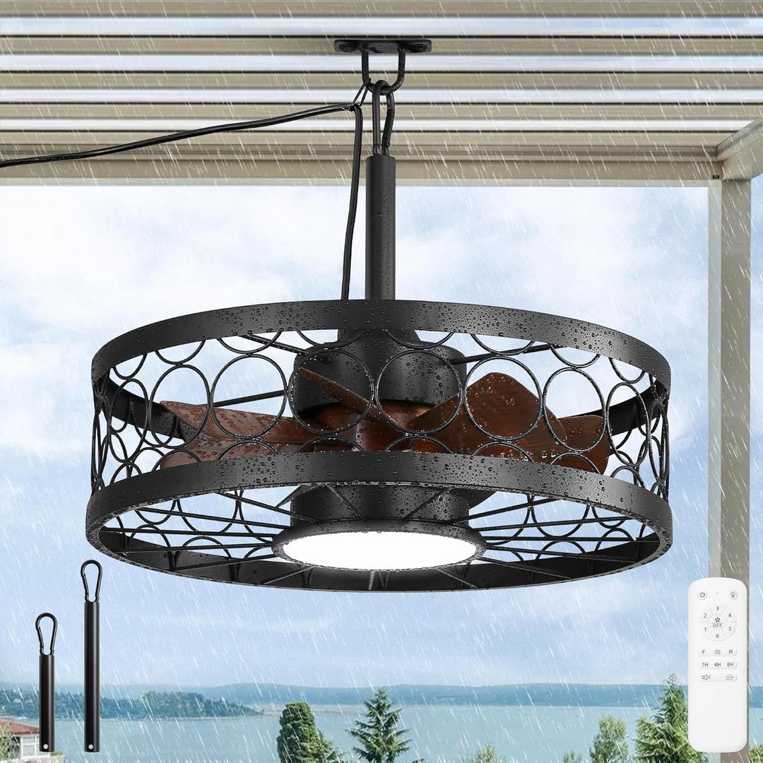 LEDIARY Outdoor Ceiling Fan with Light and Remote,Waterproof Gazebo Fan with Hanging Hook,6 Speeds, 3CCT, 20 Inch Caged Plug in Ceiling Fan for Patios,Porch, Pergola,Canopy (Black)