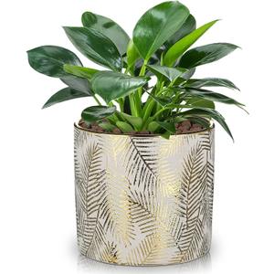 Small Ceramic Pot for Indoor Plants, 5.3 inch Plant Pot with Drainage Hole Decorative Texture Gold Planter Indoor Outdoor Flower Pots for Succulent Snake Plant Pothos Orchid (Pinkish Grey & Gold)