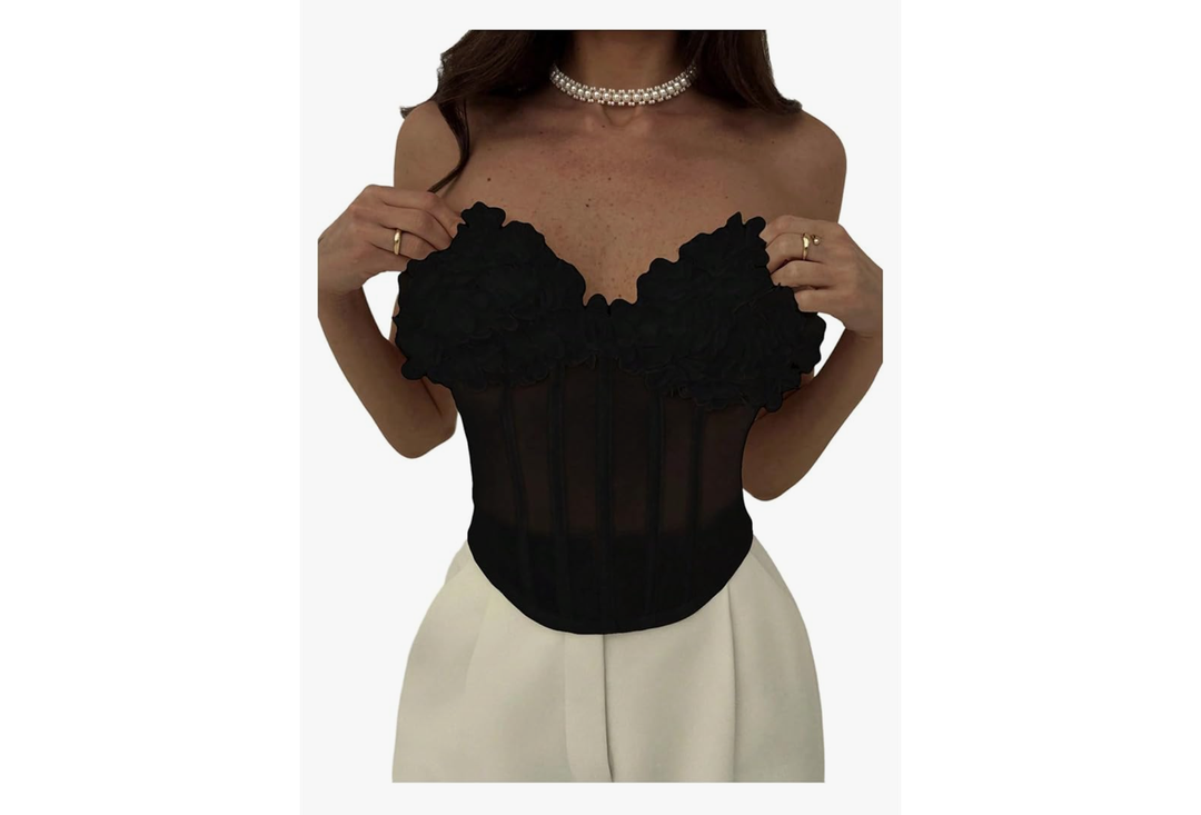 MakeMeChic Women's 3D Flower Sheer Strapless Tube Crop Tops Sleeveless Going Out Bustier Corset Tank L MakeMeChic Women's 3D Flower Sheer Strapless Tube Crop Tops Sleeveless Going Out Bustier Corset Tank L