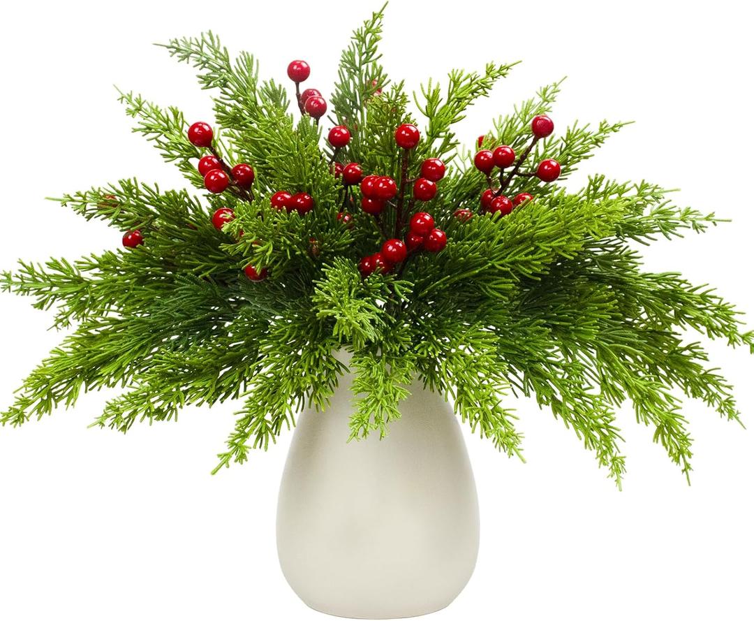 45 Pcs Christmas Artificial Pine Branches with Red Berry Stems 13" Faux Evergreen Norfolk Pine Cypress Leaves Stems Fake Foliage Pine Needles Picks for DIY Craft Garland Indoor Home Decor