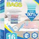 16 Combo Vacuum Storage Bags with Hand Pump, 4 Jumbo + 4 Large + 4 Medium + 4 Small Plastic Packaging Bags, 80% Space Saver Vacuum Seal Bags for Clothing, Travel Lugggage, Blankets, Comforters
