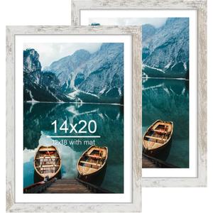 14x20 Picture Frame Set of 2, Distressed White Wood Style - Display 14 x 20 Picture without Mat or 12x18 Picture with Mat, Wall Mounting Horizontal and Vertical